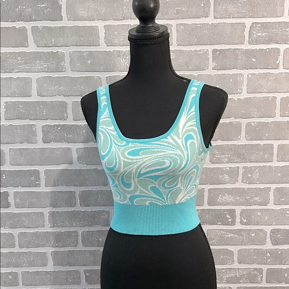 Garage Y2K Swirl Knit Crop Tank Top Aqua Blue XS Fitted Stretch Mermaidcore - Picture 3 of 11